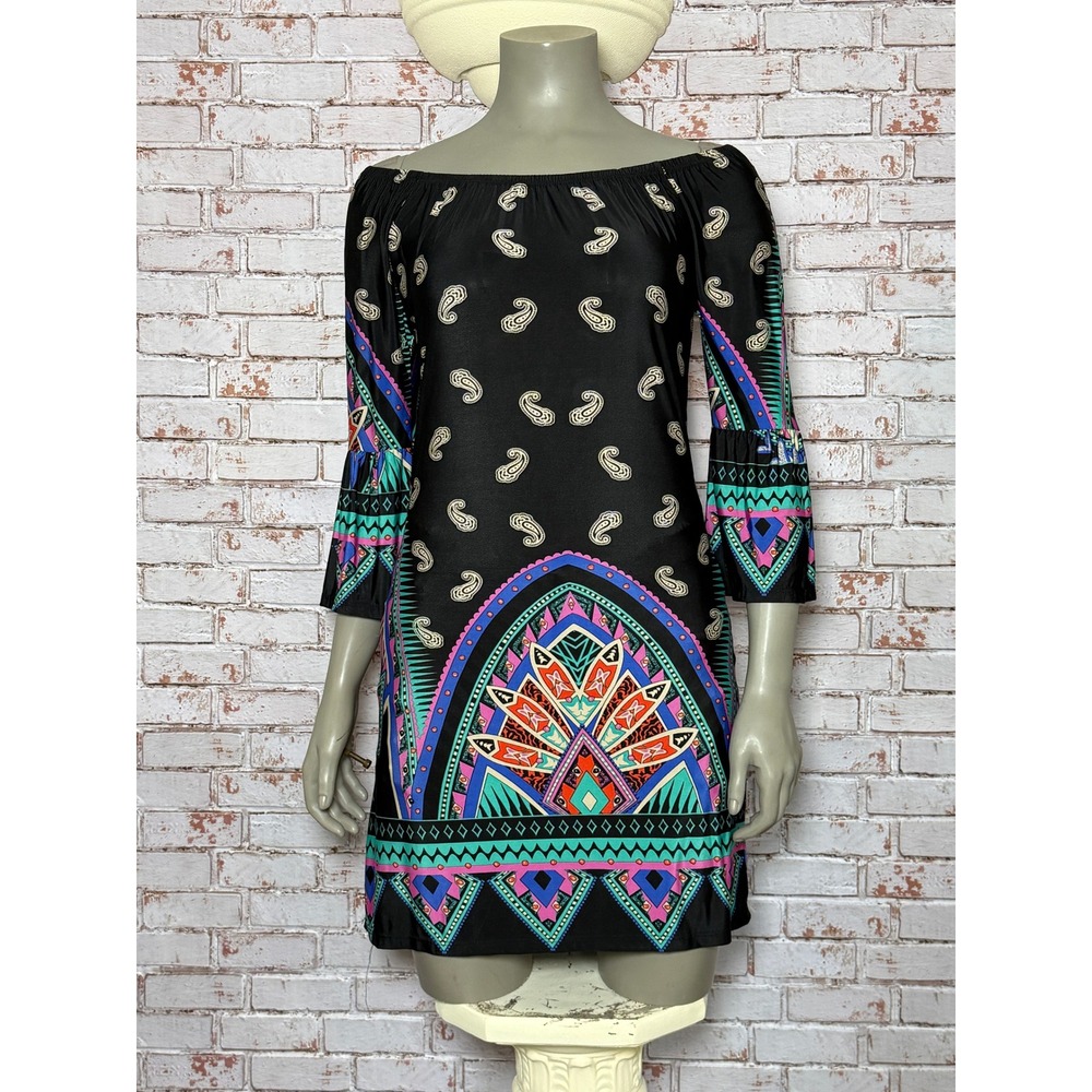Rouge Womens Boho Paisley Geometric Off Shoulder Bell Sleeve Mini Dress Black S